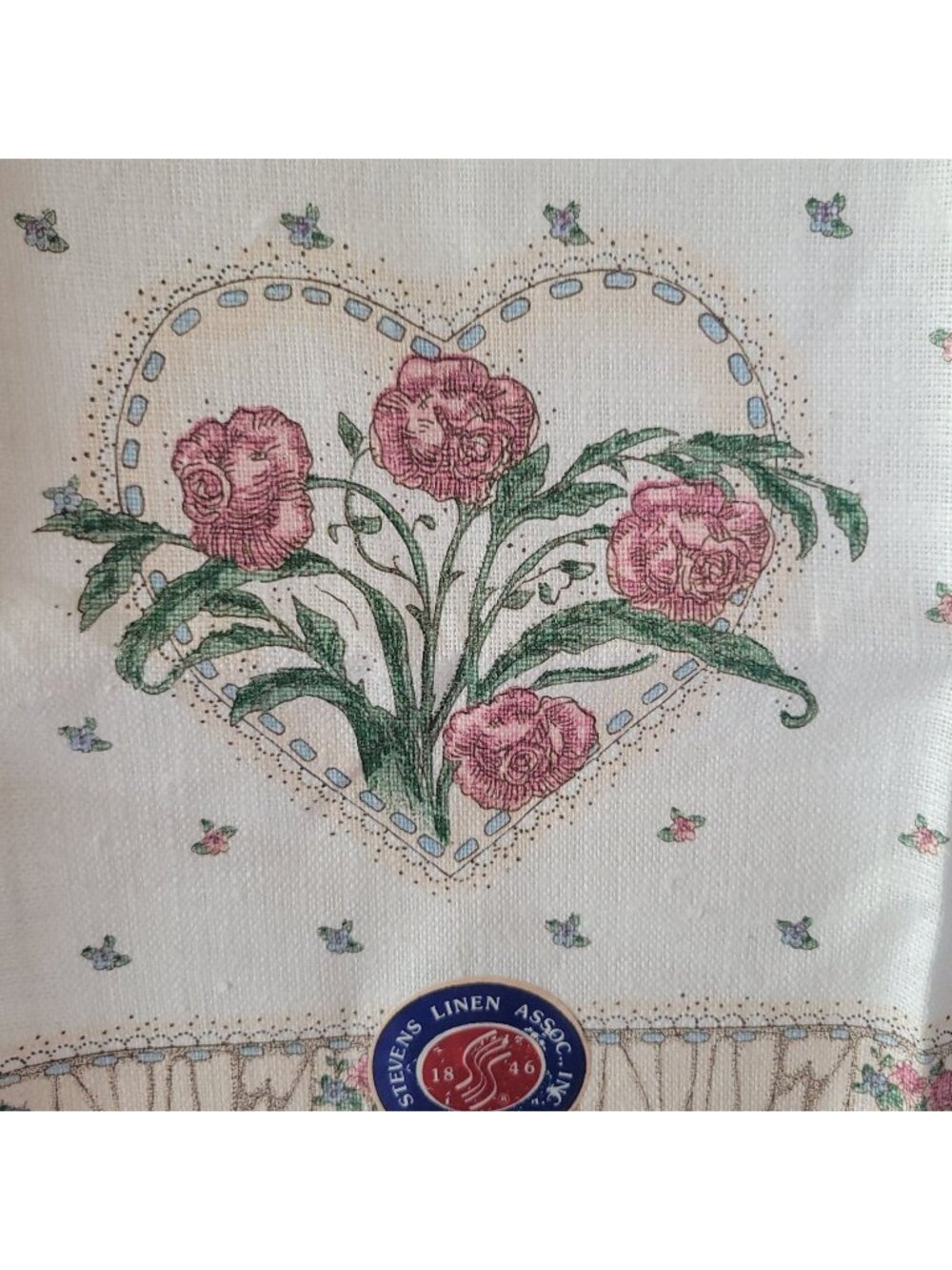 Vtg Floral  Tea Heart Tea Towel Stevens Linen NOS Made In USA 80s Cottagecore